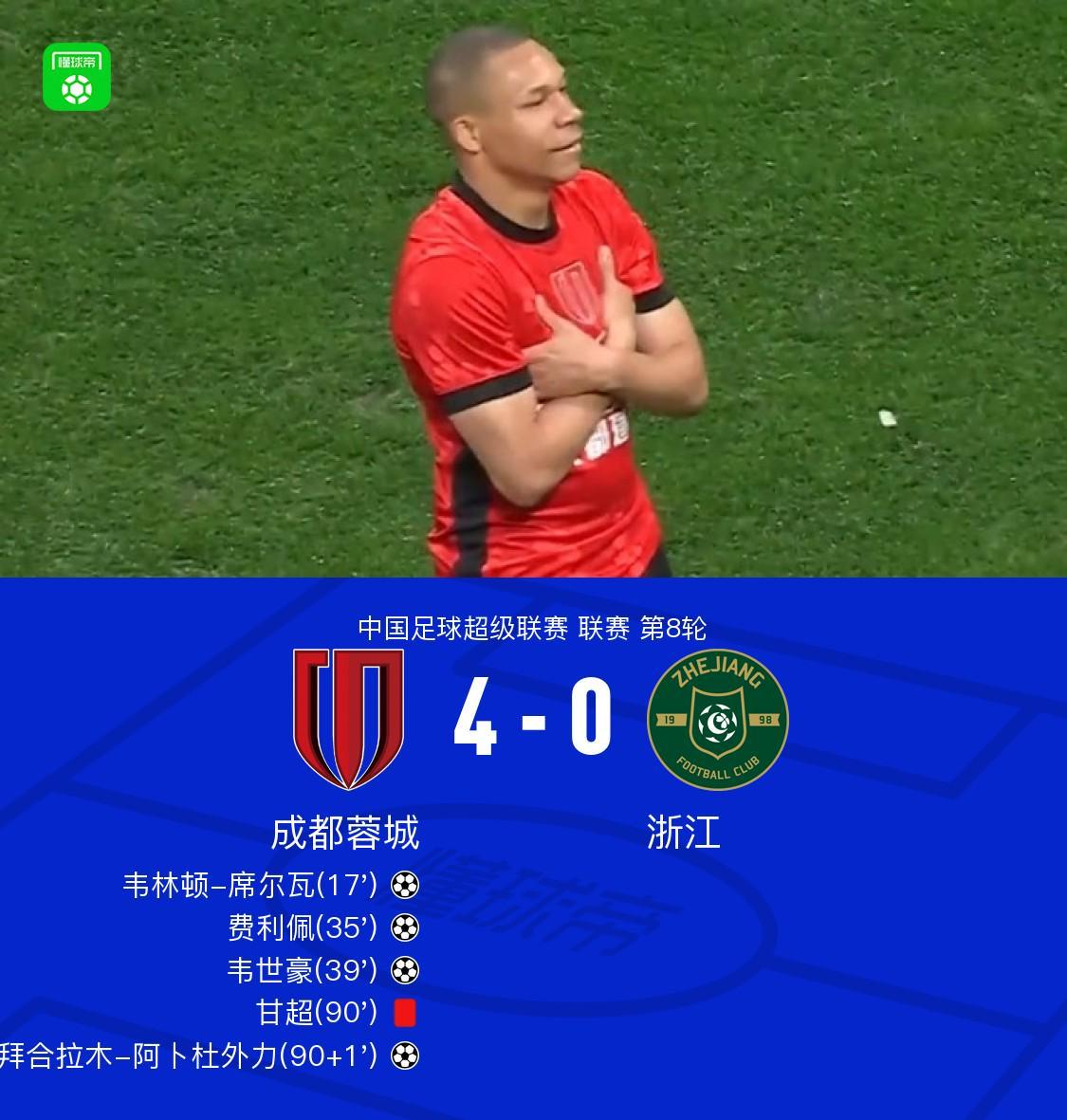 乐鱼体育-成都4-0浙江,席尔瓦传射,韦世豪、费利佩、拜合拉木破门